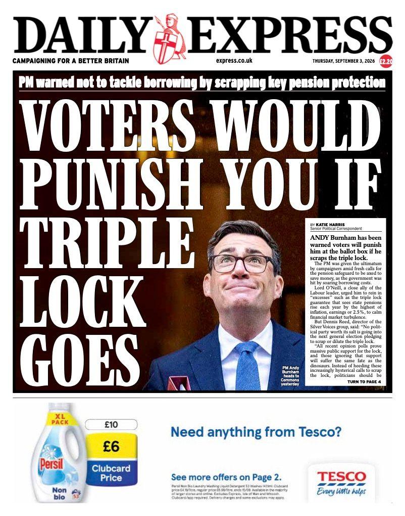 The headline on the front page of the Daily Express reads: “Voters would punish you if triple lock goes”.