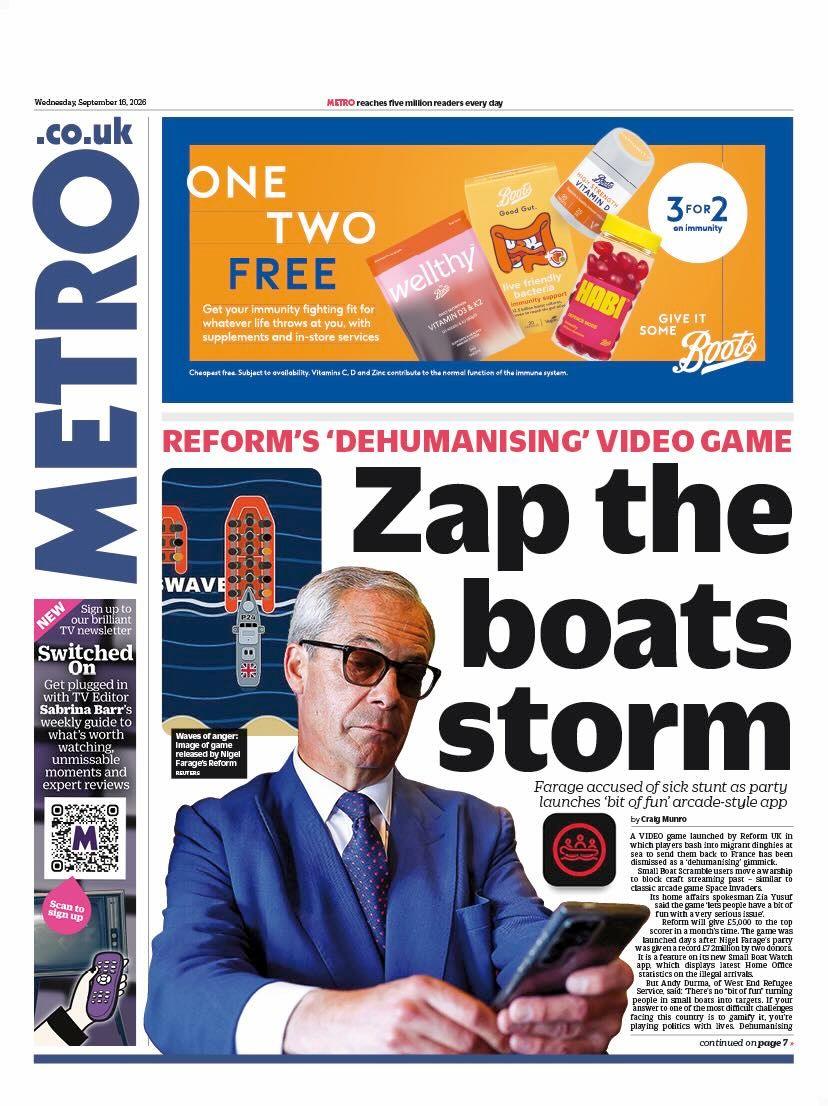 The headline on the front page of the Metro reads: 'Zap the boats storm.'