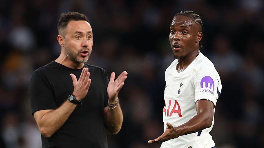 Spurs head coach Roberto De Zerbi involved in a heated discussion with substitute Mathys Tel at the end of the goalless draw at home to Everton in the Premier League.