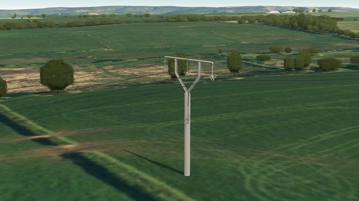 A computer simulated image of what Green GEN Cymru's new monopole could look like. A single white pole with two arms branching off at the top.