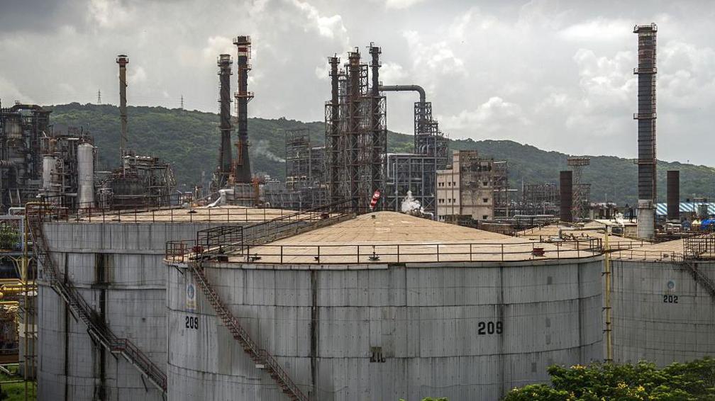 Storage tanks at a Bharat Petroleum Corp. oil refinery in Mumbai, India, on Monday, Aug. 11, 2025.