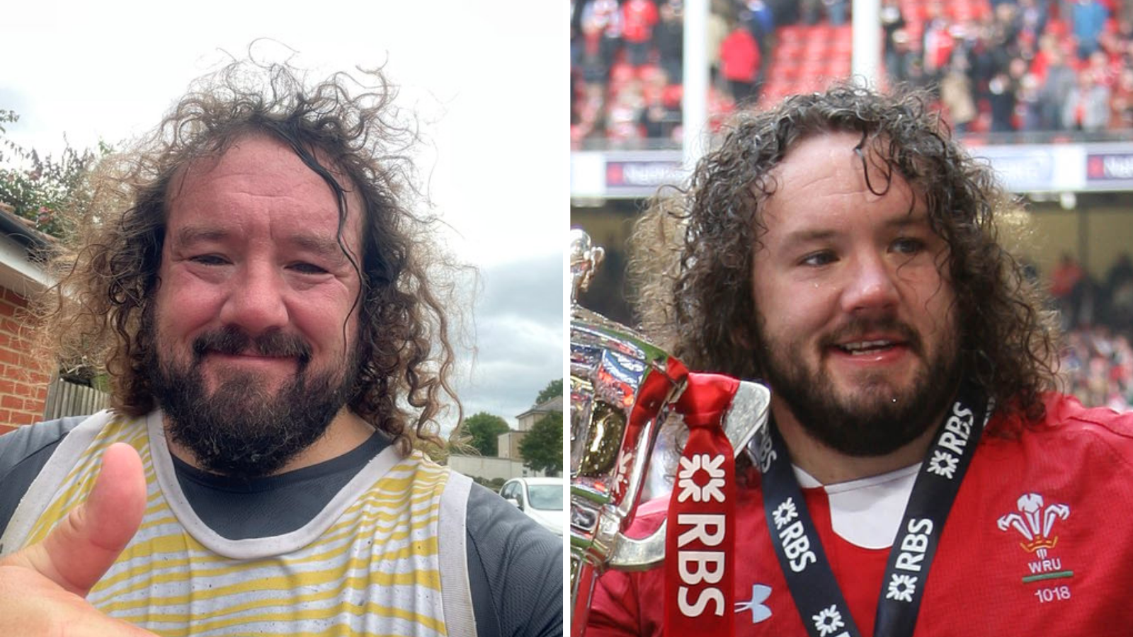 Two images of Adam Jones - on the left in running gear and on the right celebrating a Wales Grand Slam with the Six Nations trophy