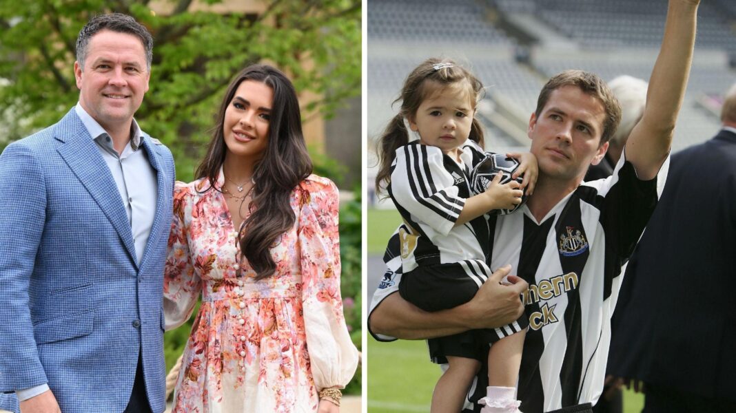 The left picture shows Michael Owen with his daughter Gemma as an adult, posing outdoors and smiling in smart clothing, on the left. The right picture is Michael Owen in a striped black and white Newcastle kit, holding up Gemma who's a toddler and wearing a matching kit