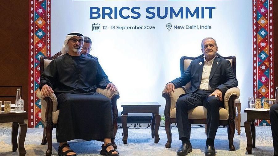 Iranian President Masoud Pezeshkian meets with Abu Dhabi Crown Prince Sheikh Khaled bin Mohamed bin Zayed Al Nahyan of the United Arab Emirates (UAE) on the sidelines of the 18th BRICS Summit held in New Delhi, India on September 12, 2026