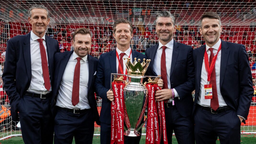 Ward appointed Liverpool’s sporting director Barry Hunter, Julian Ward, Michael Edwards, Richard Hughes and David Woodfine pose for a photograph with the Premier League trophy after Liverpool won the title in 2025