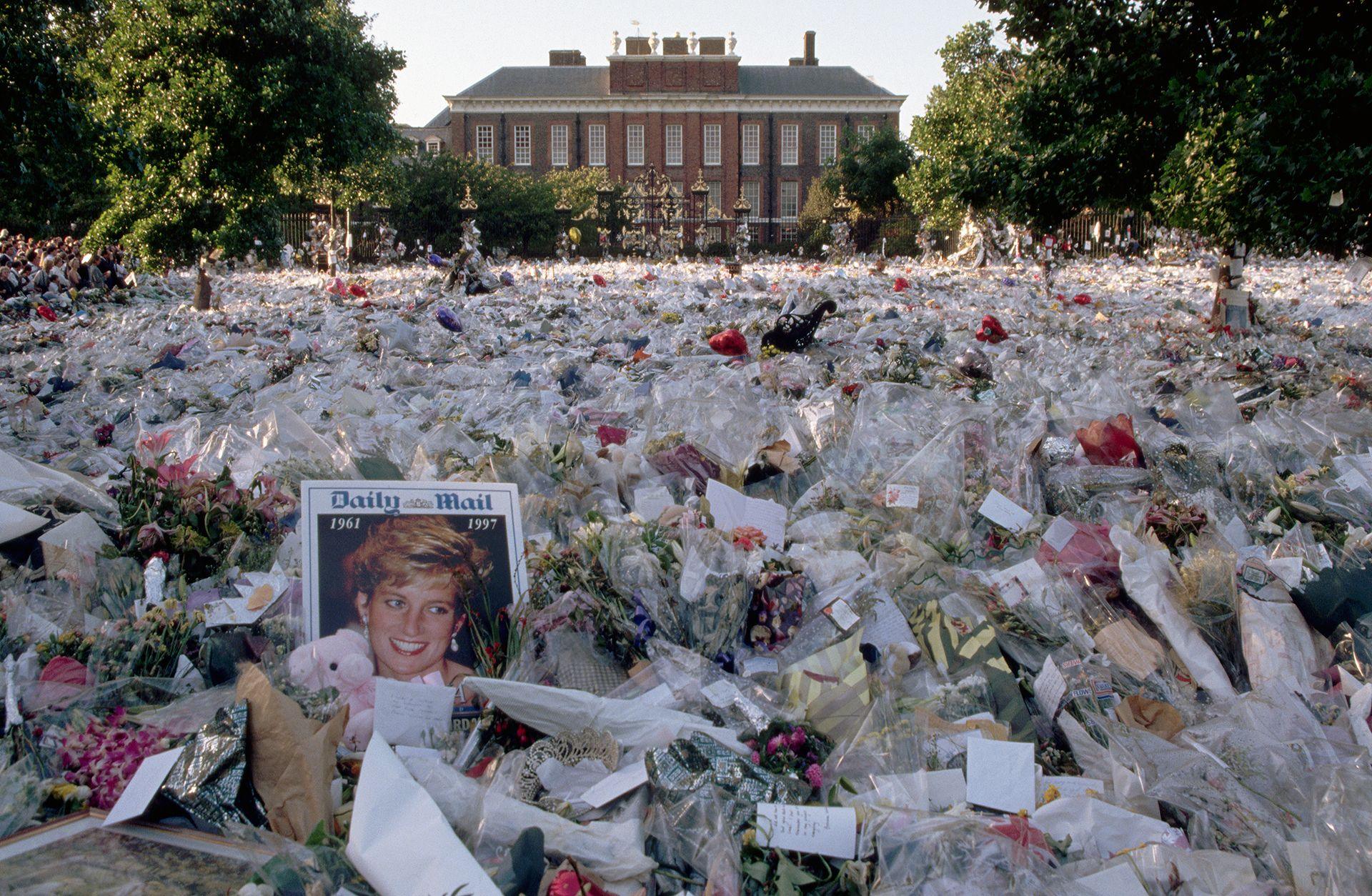 A multi-coloured sea of floral tributes to Diana, Princess of Wales, lie outside the gates of her London home.
