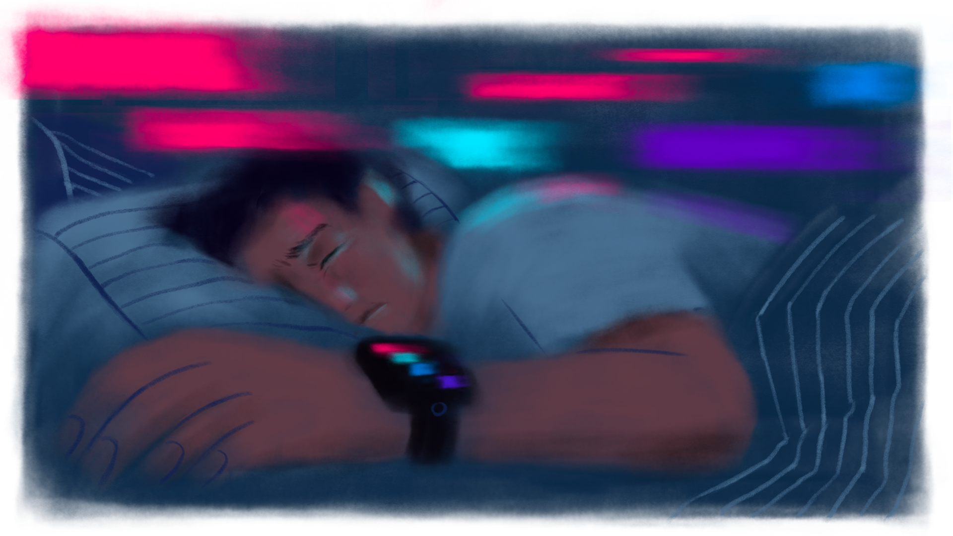 An illustration of a man asleep, with a concerned look on his face, wearing a smart watch with four coloured streaks on the screen; the colours seem to be reflecting onto the wall and the man's face and body as he tries to sleep.