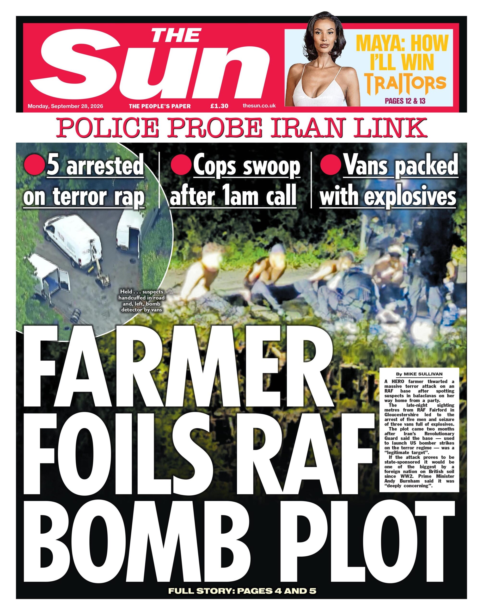 The headline on the front page of the Sun reads: “Farmer foils RAF bomb plot”.