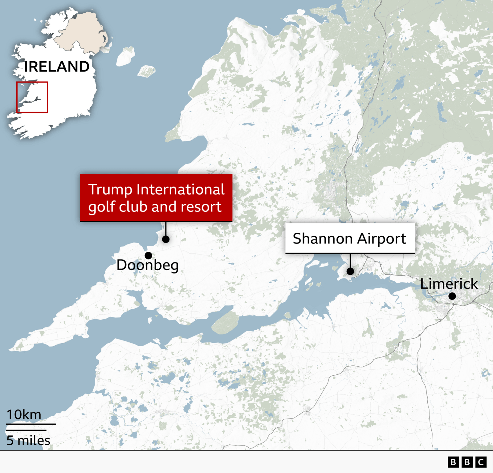 A map showing Ireland. Doonbeg and Shannon Aiirport are featured.