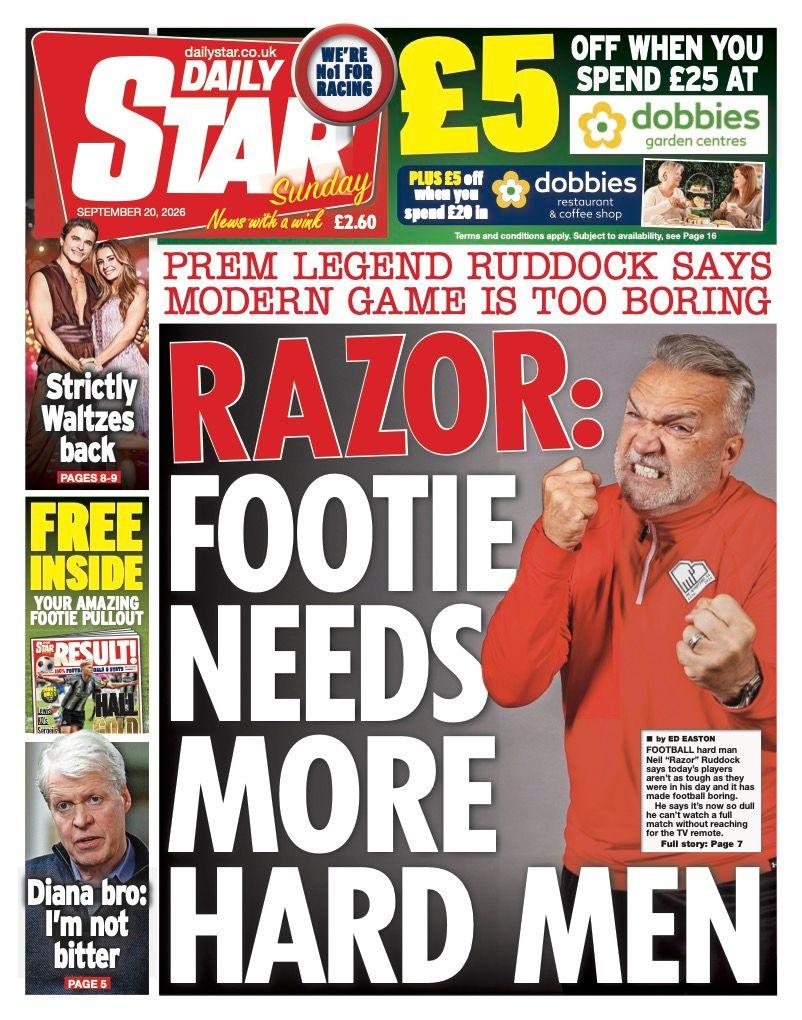 "Razor: Footie needs more hard men" reads the headline on the front page of the Daily Star.