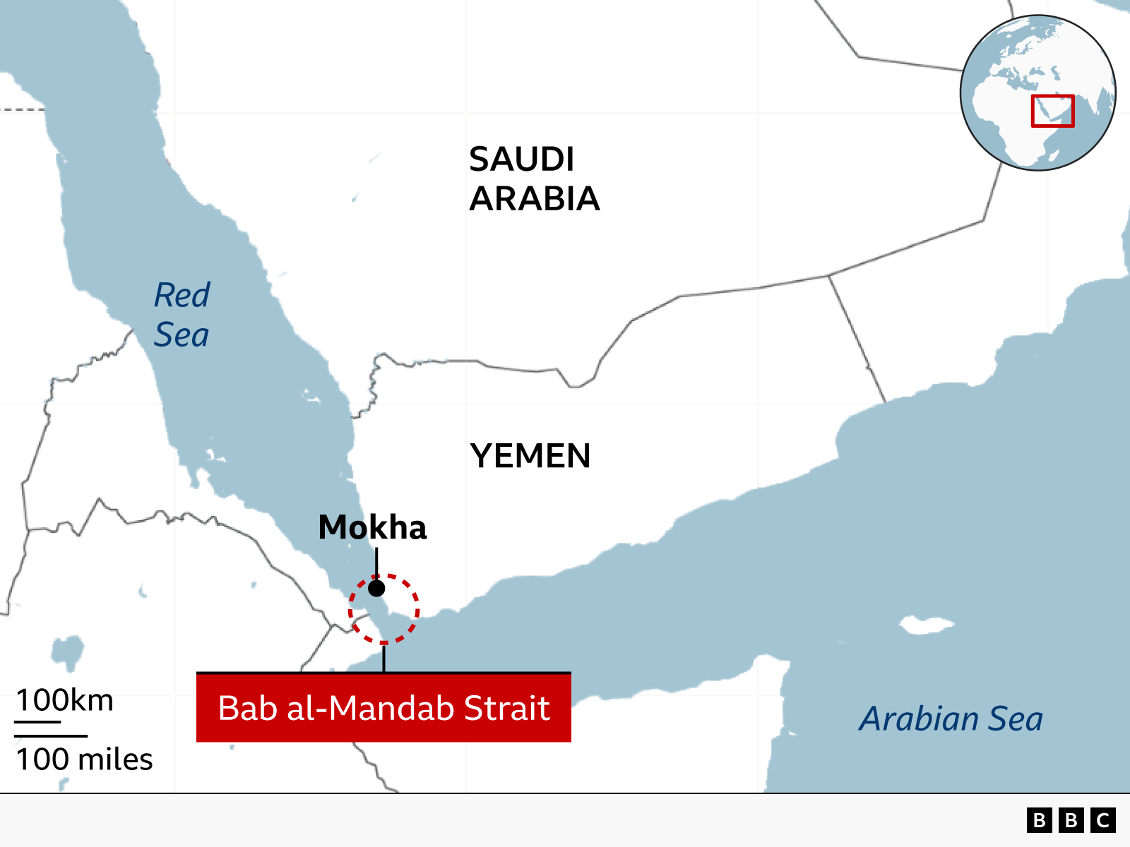 Map showing Yemen, the Red Sea port city of Mokha, and the Bab al-Mandab Strait
