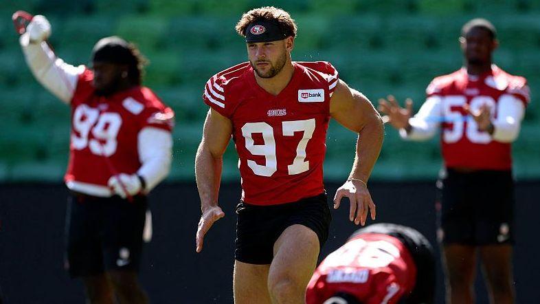 Nick Bosa during a San Francisco 49ers training session at AAMI Park before