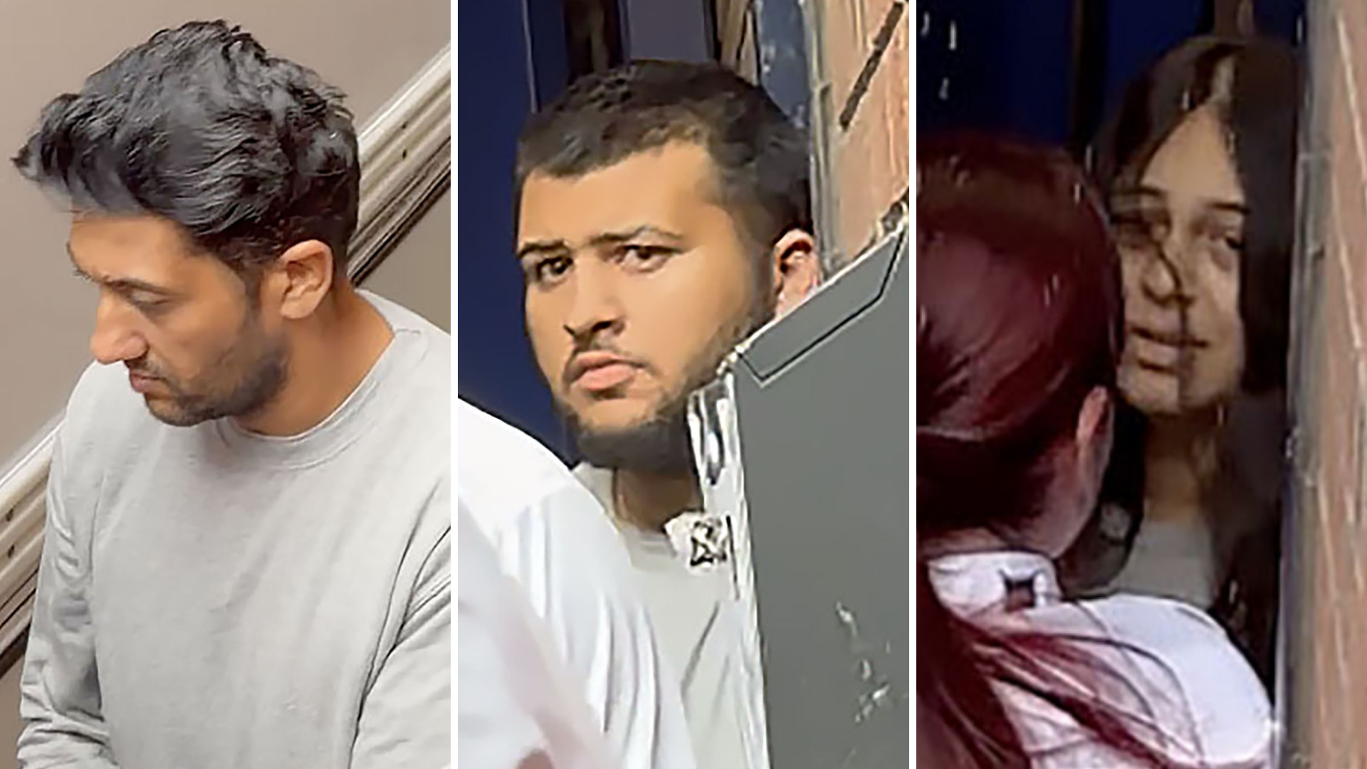A composite image of three people arriving at court in grey clothing.