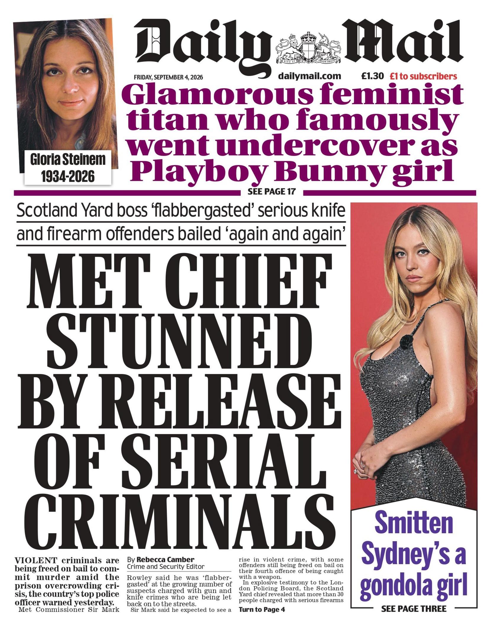 "Met chief stunned by release of serial criminals," reads the headline on the front page of the Daily Mail.
