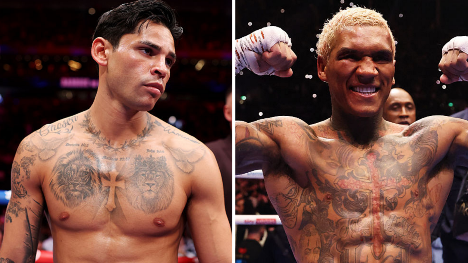 A side-by-side image of a shirtless Ryan Garcia and a shirtless Conor Benn
