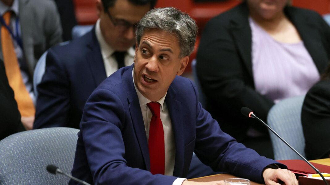 Miliband tells Iran minister UK will not tolerate ‘hostile activity’ on British soil Britain's Foreign Secretary Ed Miliband attends a meeting of the United Nations Security Council, wearing a blue suit and red tie.
