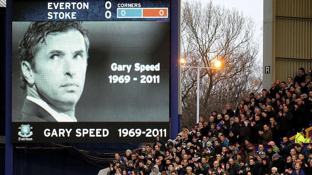 Fans at Goodison Park paying tribute to former Everton midfielder Gary Speed after he took his own life in 2011