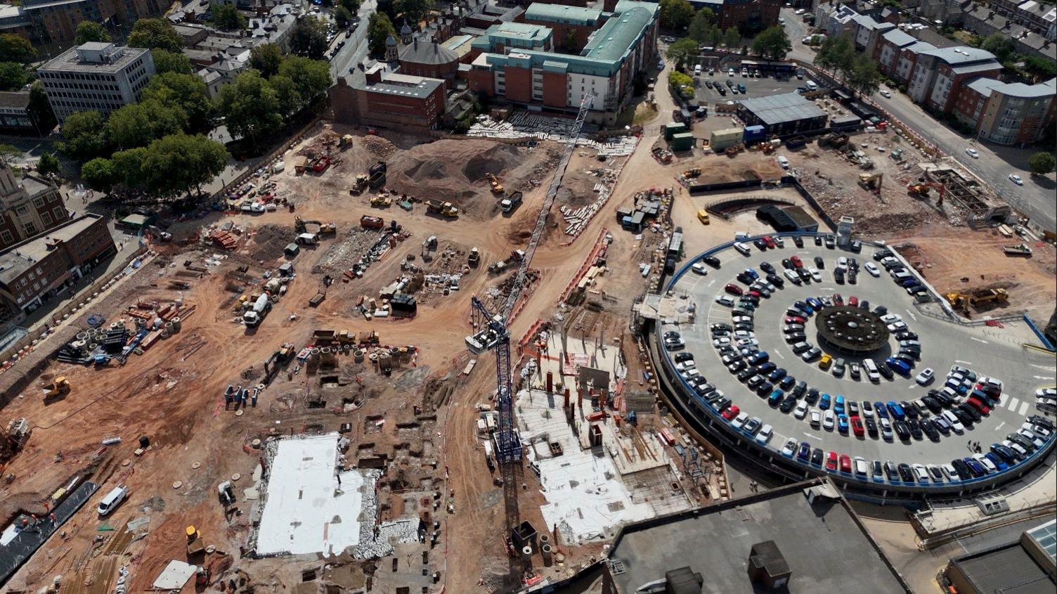 An aerial shot of the area covered by the City Centre South project. To the right is the top of the Coventry Market Car Park.