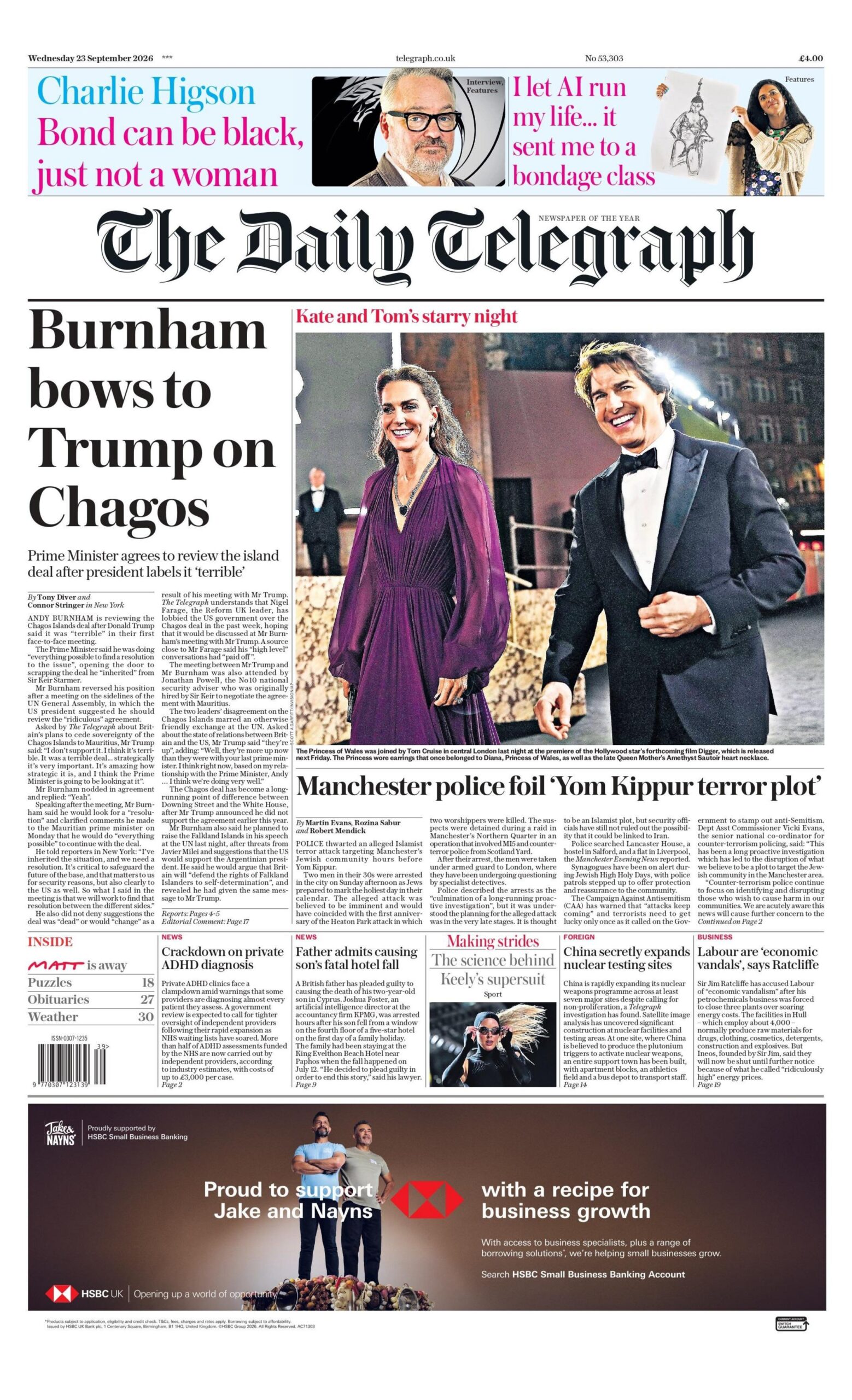 "Burnham bows to Trump on Chagos," reads the headline on the front page of the Daily Telegraph.