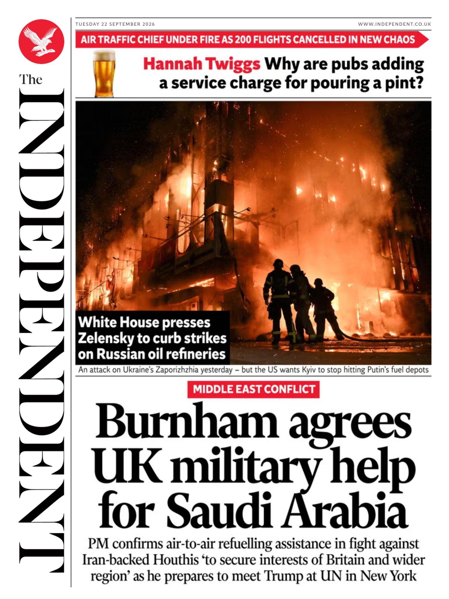 "Burnham agrees UK military help for Saudi Arabia" reads the headline on the front page of the Independent.