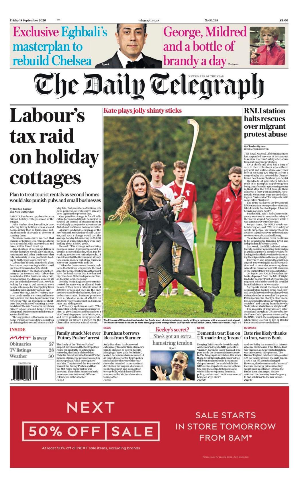 The headline on the front page of the Daily Telegraph reads: 'Labour's tax raid on holiday cottages.'