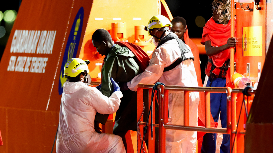 Migrants disembark vessel in Arguineguín, Gran Canaria, Spain, on 3 September