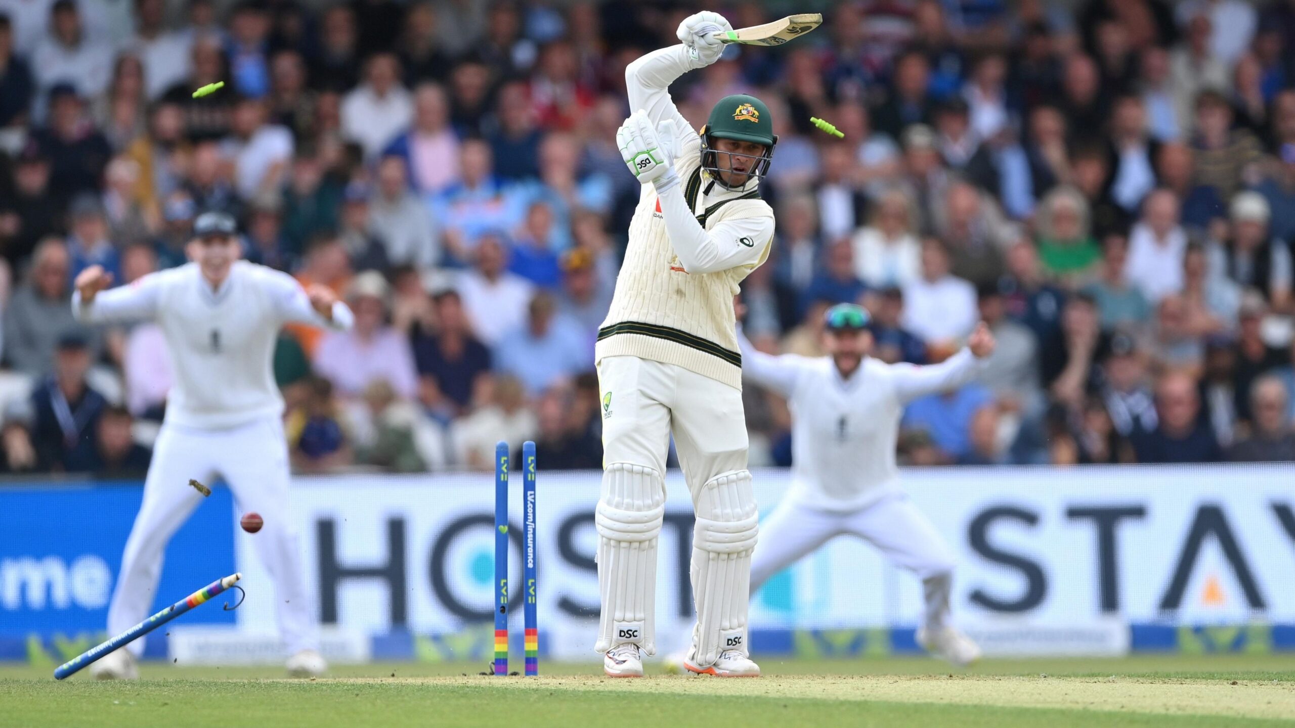 Usman Khawaja reacts after being bowled by Wood at Headingley