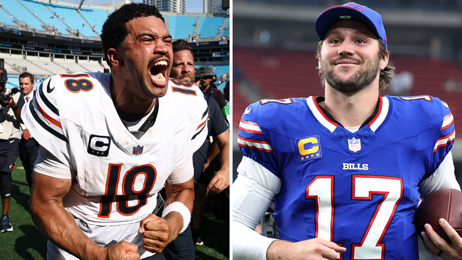 A split picture showing Caleb Williams and Josh Allen celebrating
