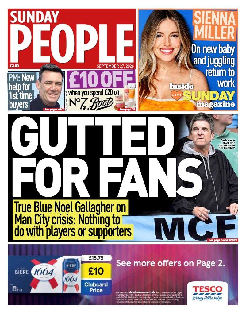 The headline on the front page of the Sunday People reads: 'Gutted for fans.'