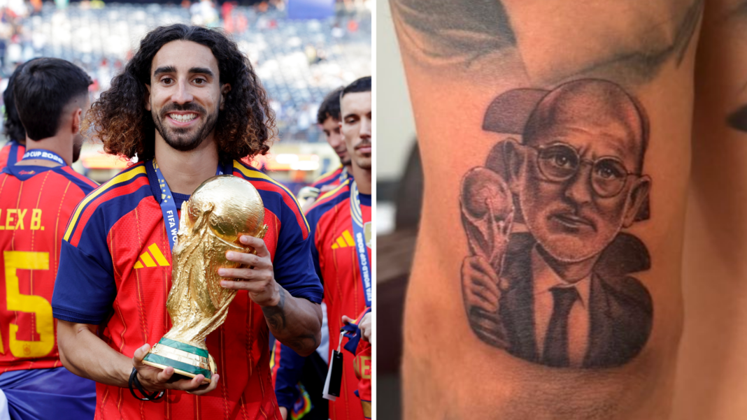 De la Fuente extends Spain contract to 2032 Split picture of Marc Cucurella and a close-up of his Luis de le Fuente tattoo