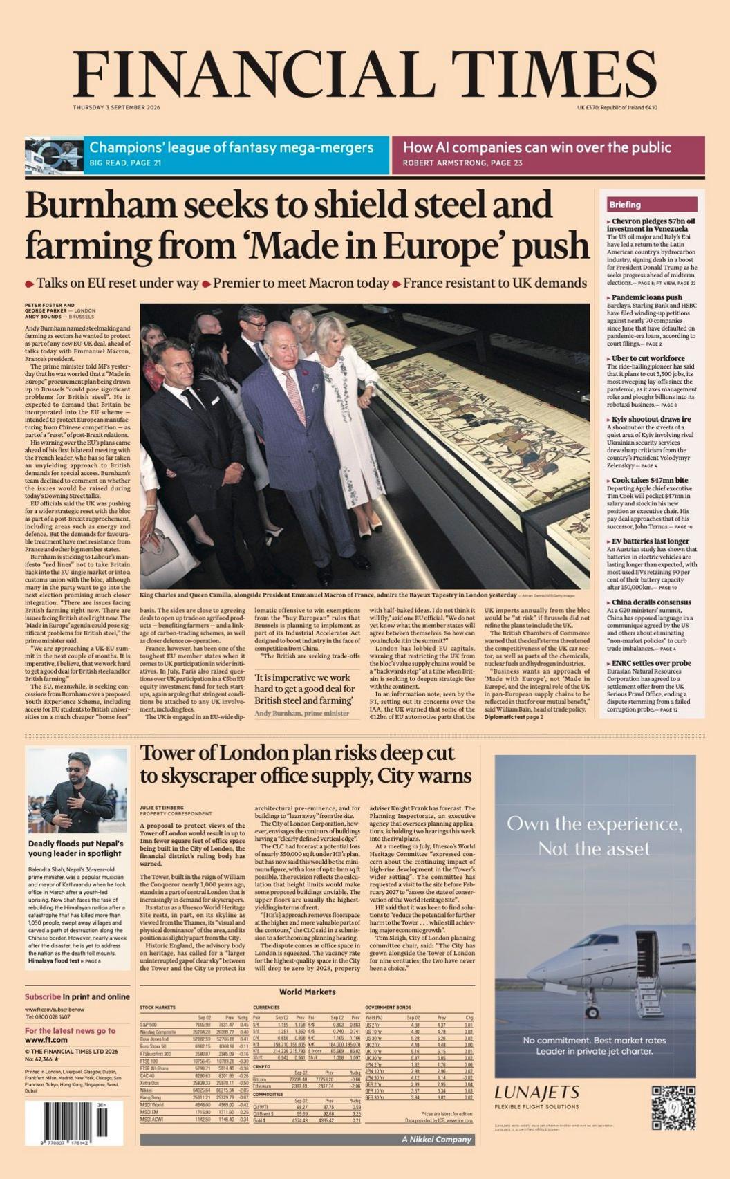 The headline on the front page of the Financial Times reads: “Burnham seeks to shield steel and farming from 'Made in Europe' push".