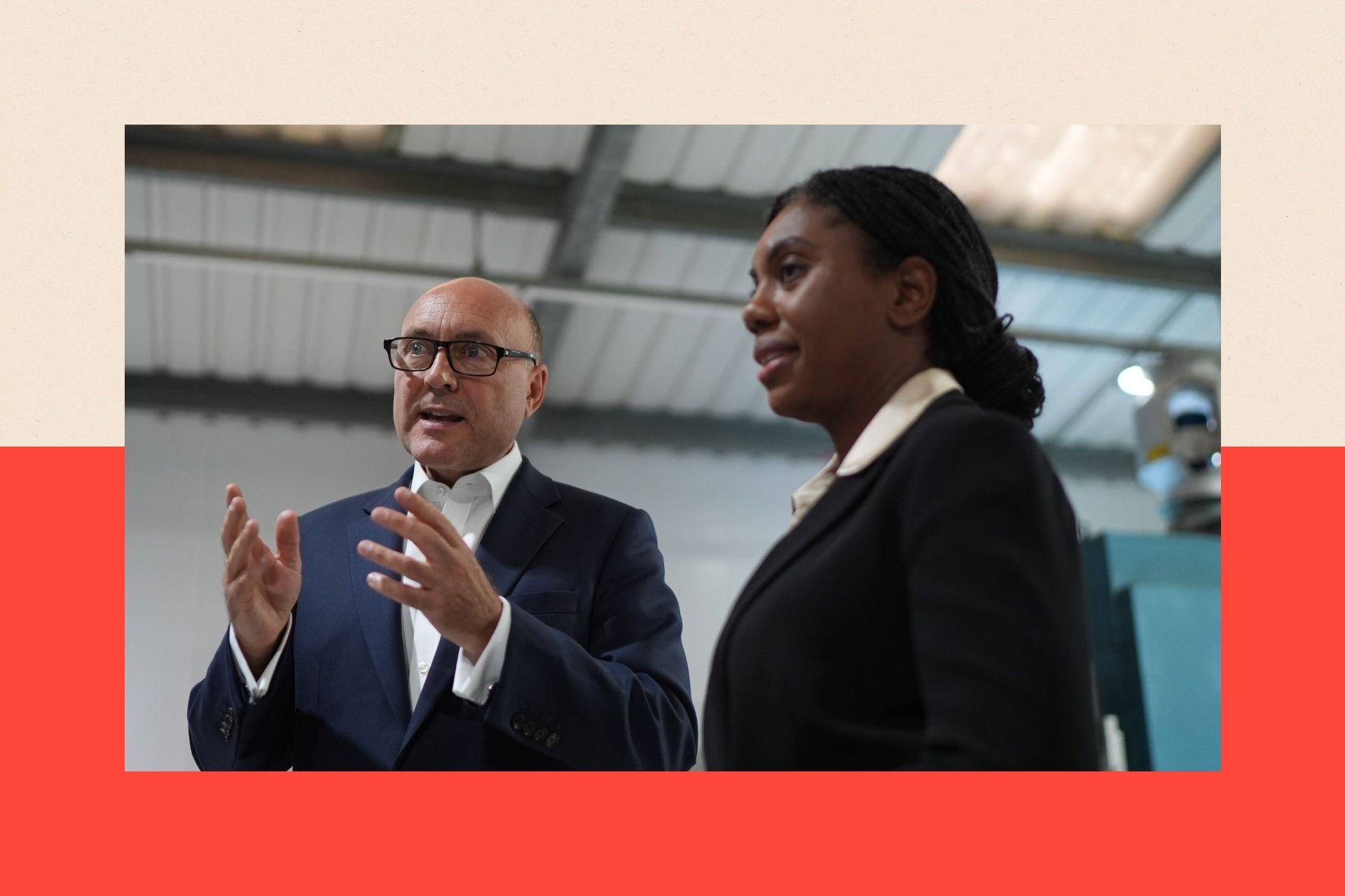 Conservative Party leader Kemi Badenoch and shadow chancellor Andrew Griffith speak during a visit to Global Technologies Racing in Fontwell