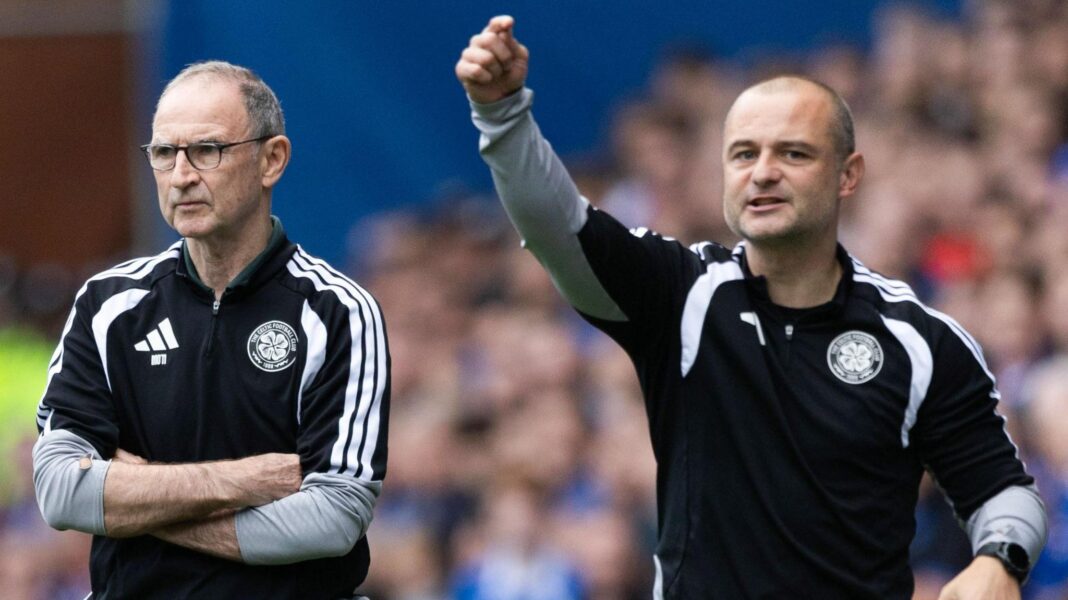 Celtic manager Martin O'Neill and assistant Shaun Maloney at Ibrox