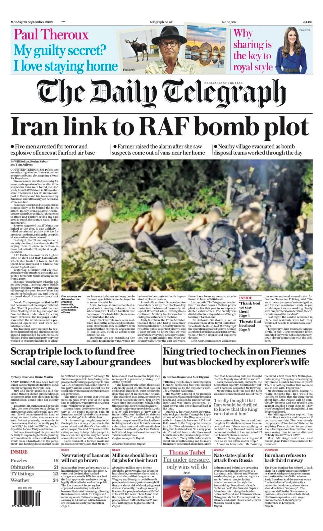The headline on the front page of the Daily Telegraph reads: “Iran link to RAF bomb plot”.