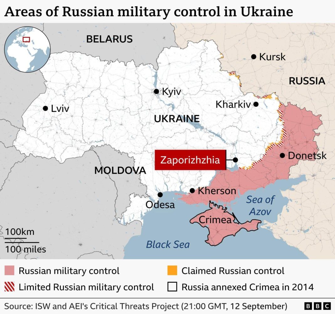 Ukraine’s postal workers deliver lifeline under Russian fire Map of Ukraine showing areas under Russian military control. Territories under Russian control are shaded pink, including Crimea, most of the occupied areas of Donetsk, large parts of Zaporizhzhia and Kherson regions, and a continuous belt of territory along the Sea of Azov connecting Crimea to eastern Ukraine. Areas of limited Russian control are marked with red diagonal hatching along parts of the front line, while small areas of claimed Russian control are shown in orange near the Russian border. Major cities including Kyiv, Kharkiv, Donetsk, Kherson, Odesa, Lviv, and Kursk are labelled, along with neighbouring countries Belarus, Russia, and Moldova. An inset map highlights Ukraine's location in Europe. A scale bar shows 100 km and 100 miles. Source: ISW and AEI's Critical Threats Project, 12 September