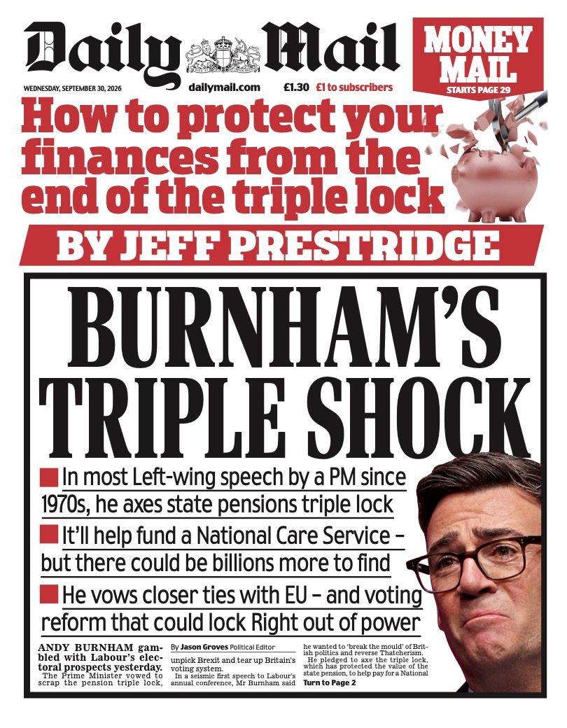 The headline on the front page of the Daily Mail reads: "Burnham's triple shock".
