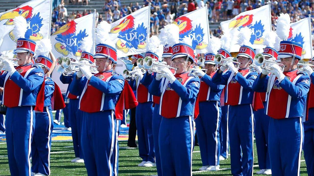 Members of the Kansas Jayhawks marching band