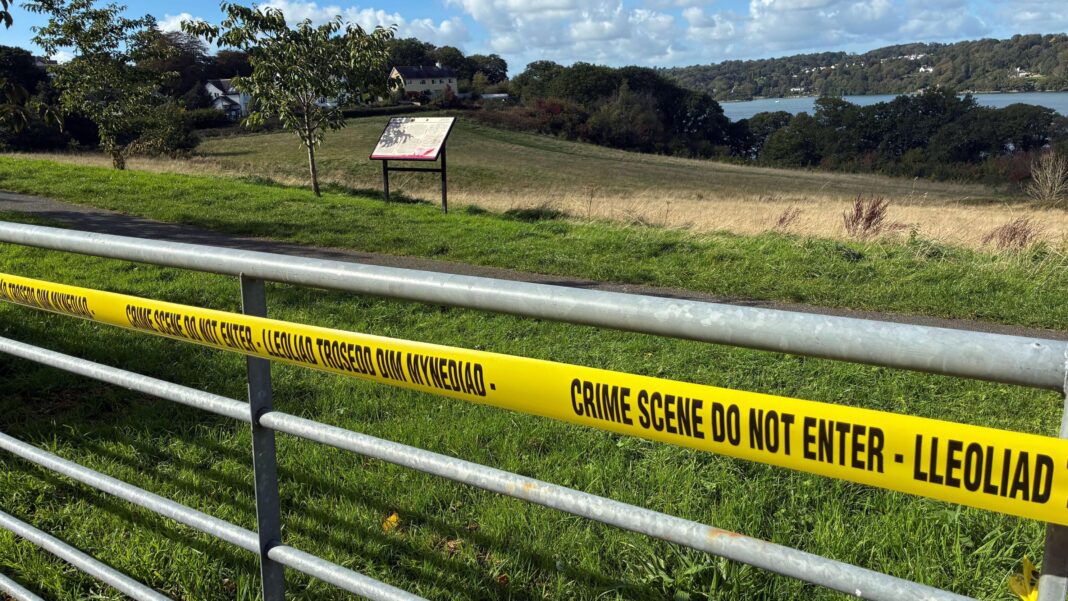 A gate has yellow crime scene tape over it. Behind the gate is a field surrounded by green trees and a river.