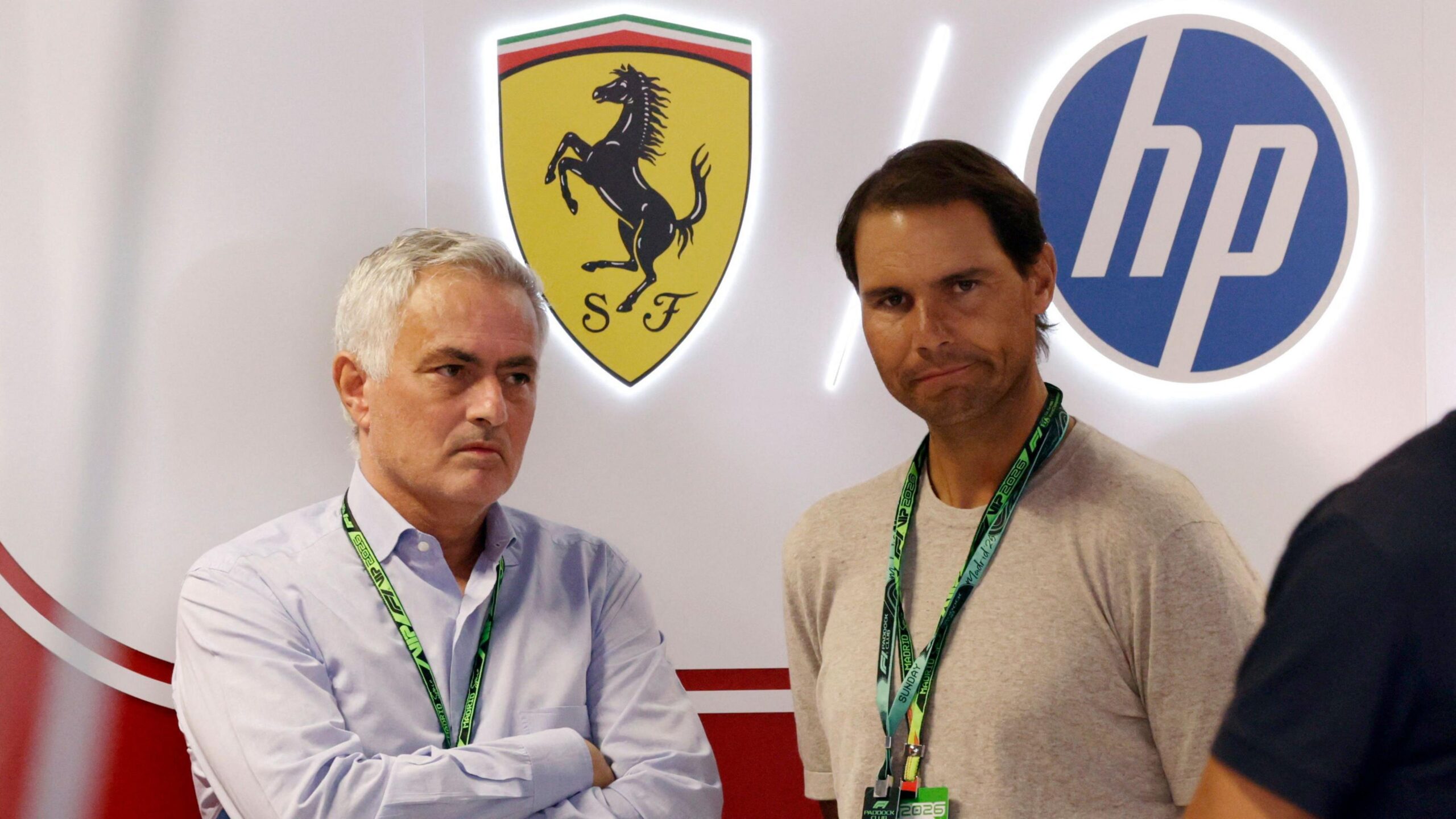 Real Madrid boss Jose Mourinho and tennis legend Rafael Nadal chatting in the Ferrari garage