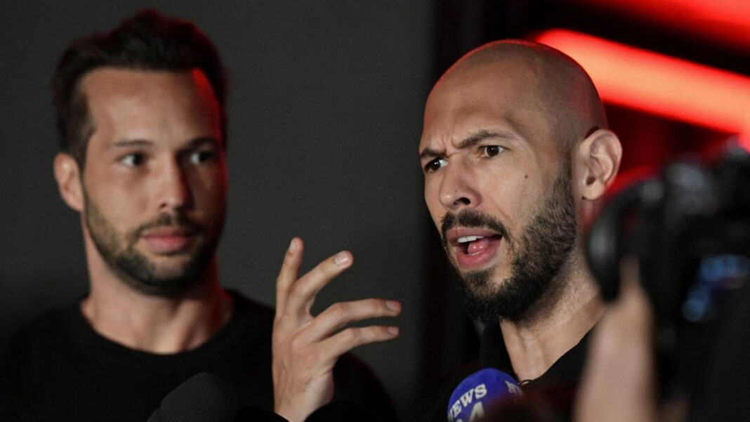 Tristan and Andrew Tate deliver a press statement in front of their house after landing back in Romania, near Bucharest, Romania on 22 March 2025.