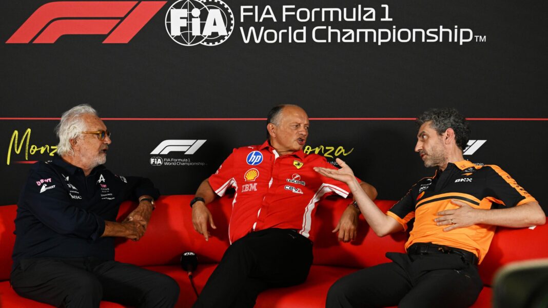 (left to right) Alpine's Flavio Briatore, Ferrari's Frederic Vasseur, McLaren's Andrea Stella