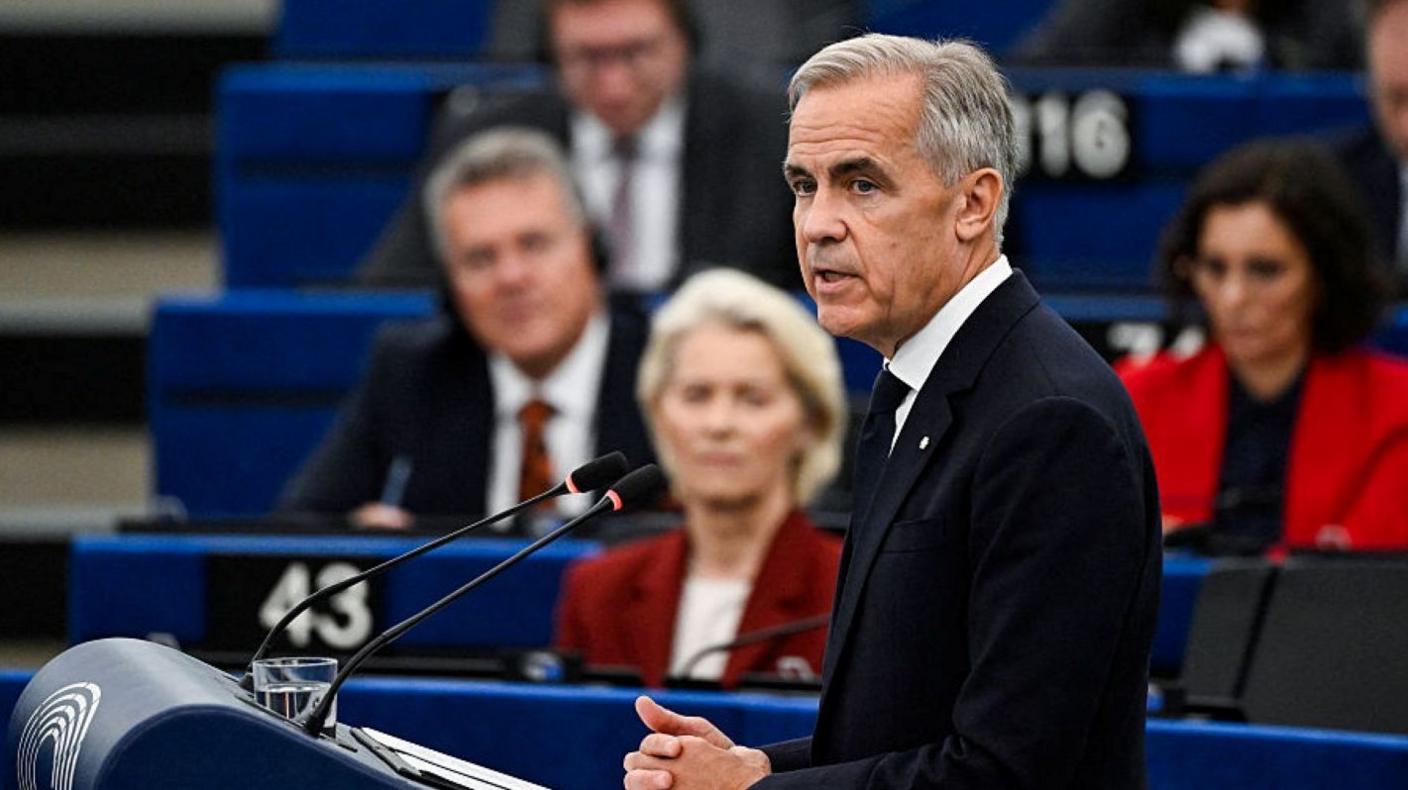 FRANCE-EU-CANADA-PARLIAMENT Canadian Prime Minister Mark Carney delivers a speech in the hemicycle of the European Parliament in Strasbourg