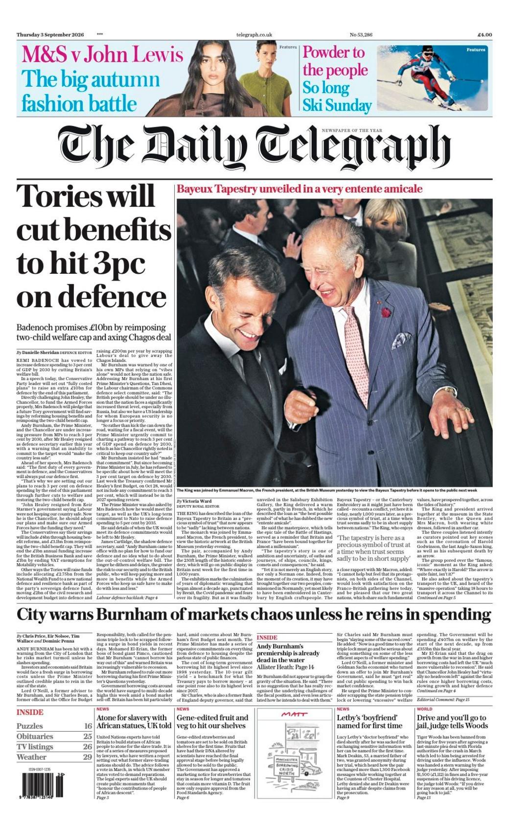 The Papers: ‘City warns Burnham’ and ‘One in the eye’ The headline on the front page of the Daily Telegraph reads: “Tories will cut benefits to hit 3pc on defence”.