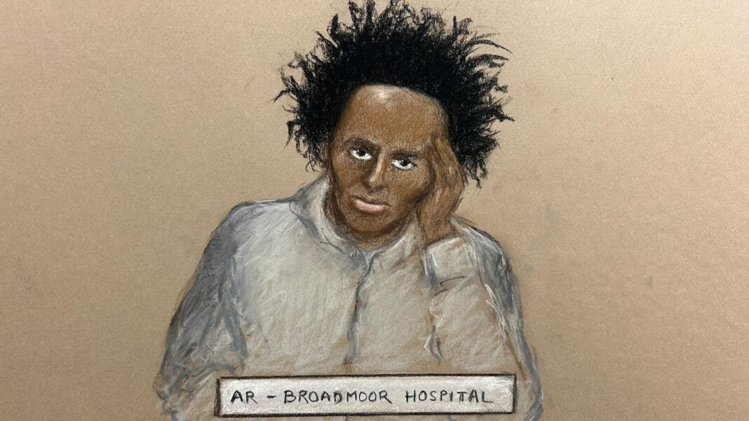 A court sketch of Axel Rudakubana sitting on a video link in court