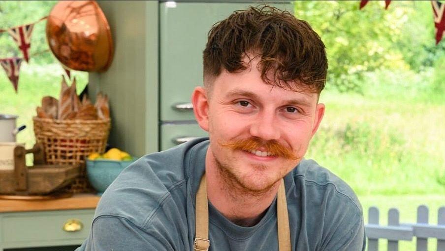 Former Great British Bake Off semi-finalist Toby Littlewood during filming in the famous Bake Off tent in 2025.