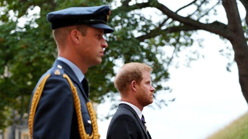 Prince Harry and Prince William, left, follow the hearse with the coffin of Queen Elizabeth II moving towards St. George's Chapel