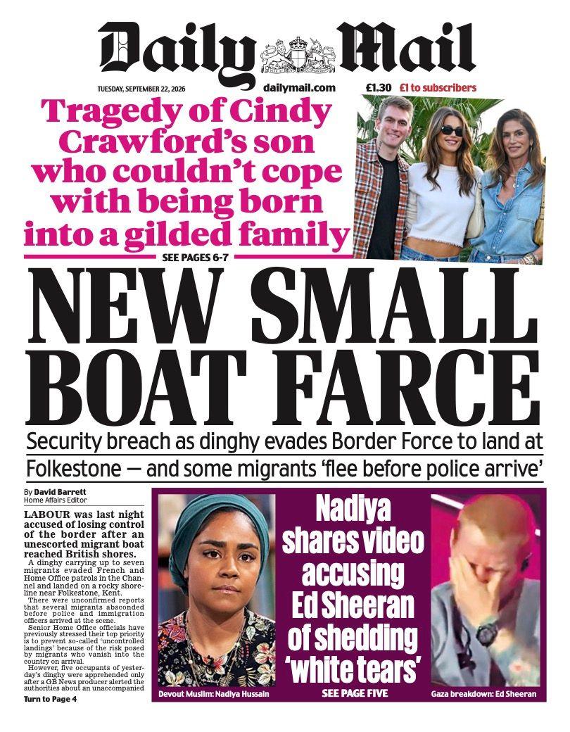 "New small boat farce" reads the headline on the front page of Daily Mail.