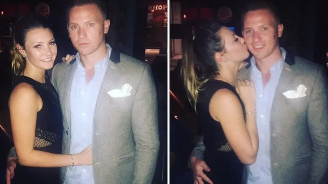 A collage image made-up of two image. One image shows a woman with a black dress cuddling a man wearing a grey suit jacket over a shirt. The image of the right shows the same couple but the woman is kissing the man on the cheek.