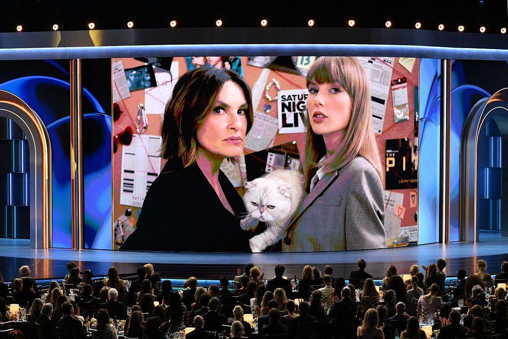 US director Mariska Hargitay and US singer Taylor Swift and her cat Olivia Benson appear on screen during the 78th Primetime Emmy Awards at the Peacock Theatre at LA Live in Los Angeles on September 14, 2026.