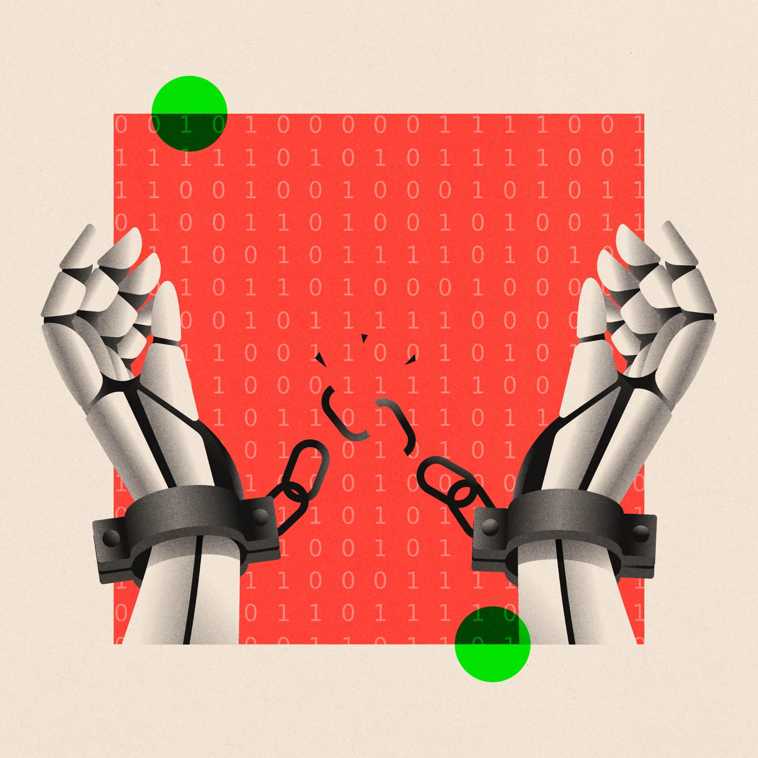 A treated image of robot hands breaking free from handcuffs.